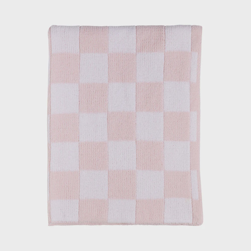 Chenille Knitted Blanket - Checkered Pink