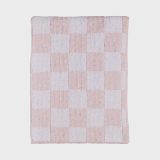 Chenille Knitted Blanket - Checkered Pink