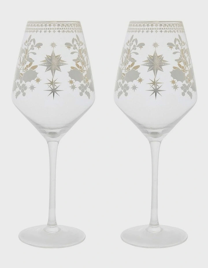 White Christmas Wine Glass 500ML Set of 2 Silver Gift Boxed