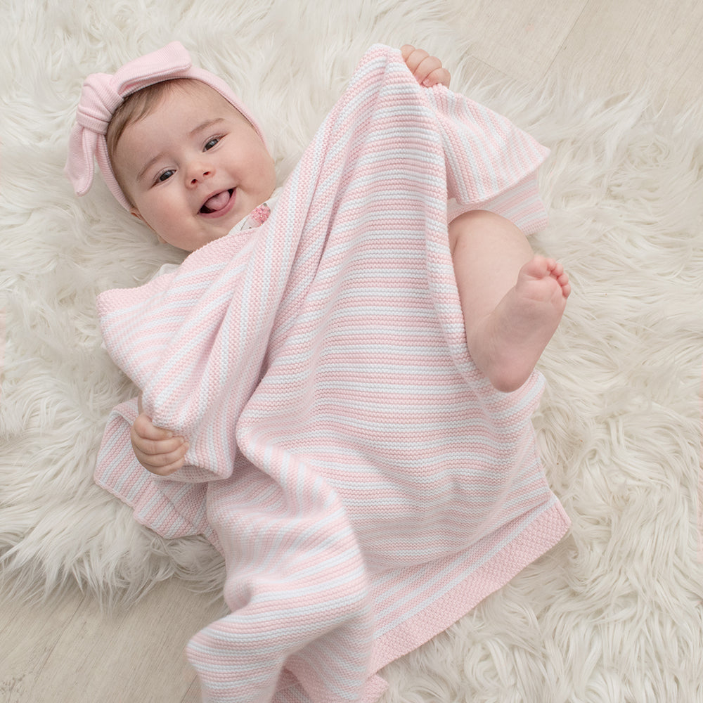 Knitted Stripe Blanket - Pink/White