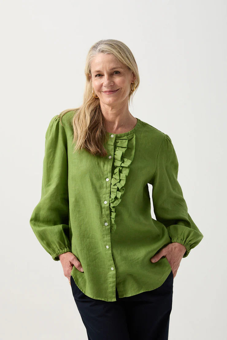 Linen Relaxed Frill Blouse - Leaf Green