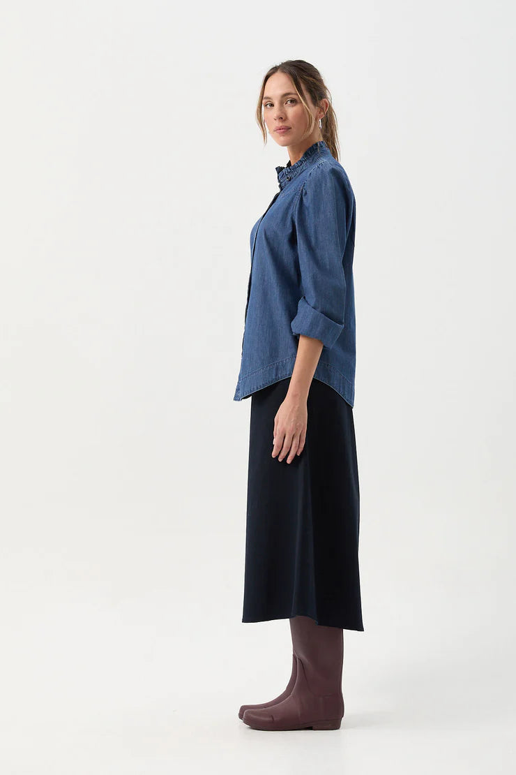 Cotton Chambray Frill Detail Shirt Denim Blue