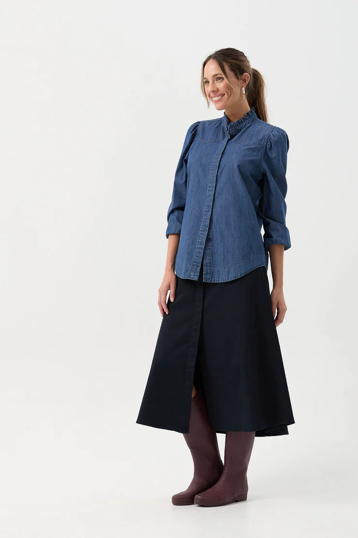 Cotton Chambray Frill Detail Shirt Denim Blue