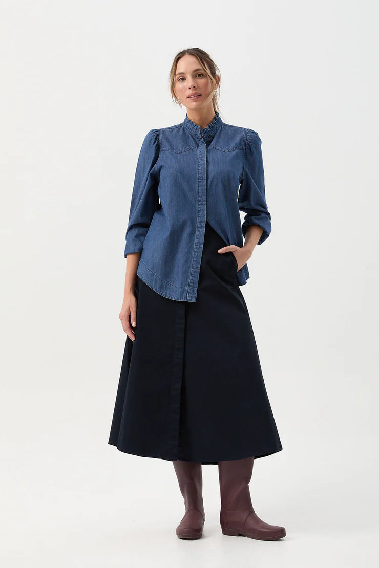 Cotton Chambray Frill Detail Shirt Denim Blue