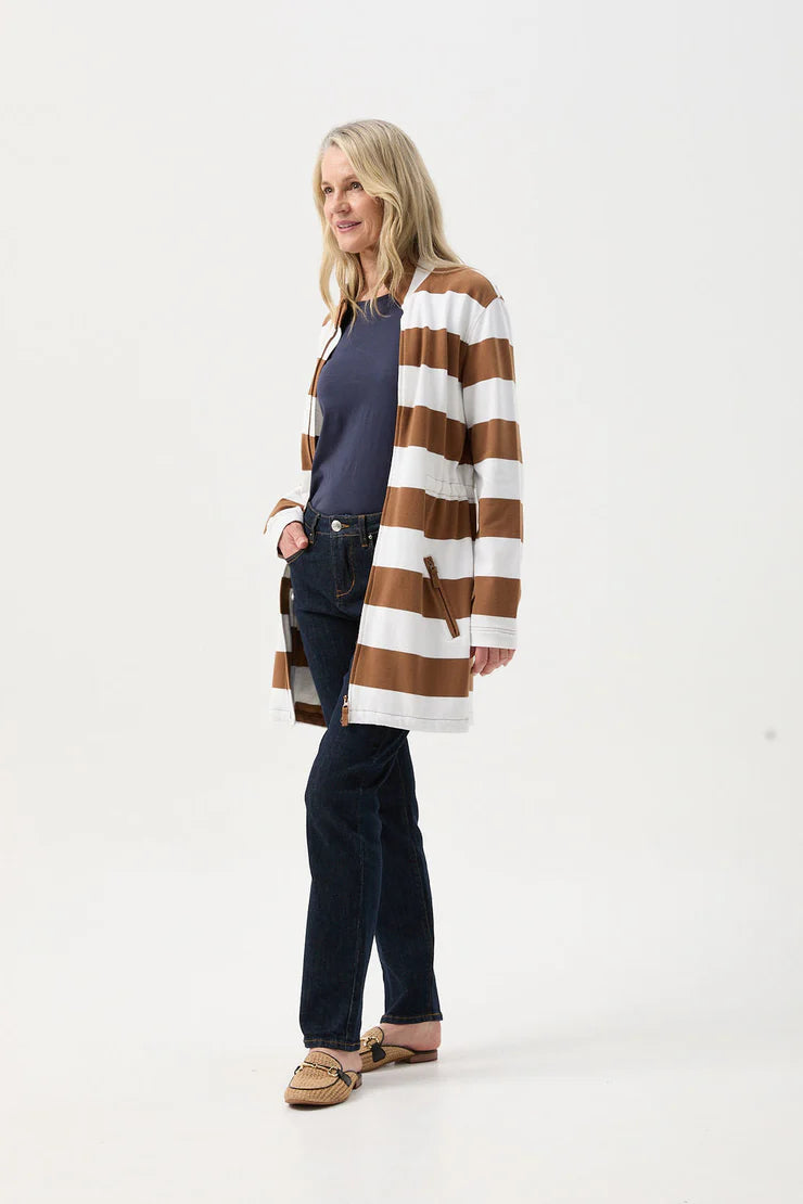 Stripe Rugby Zip Through Jacket Tobacco/White