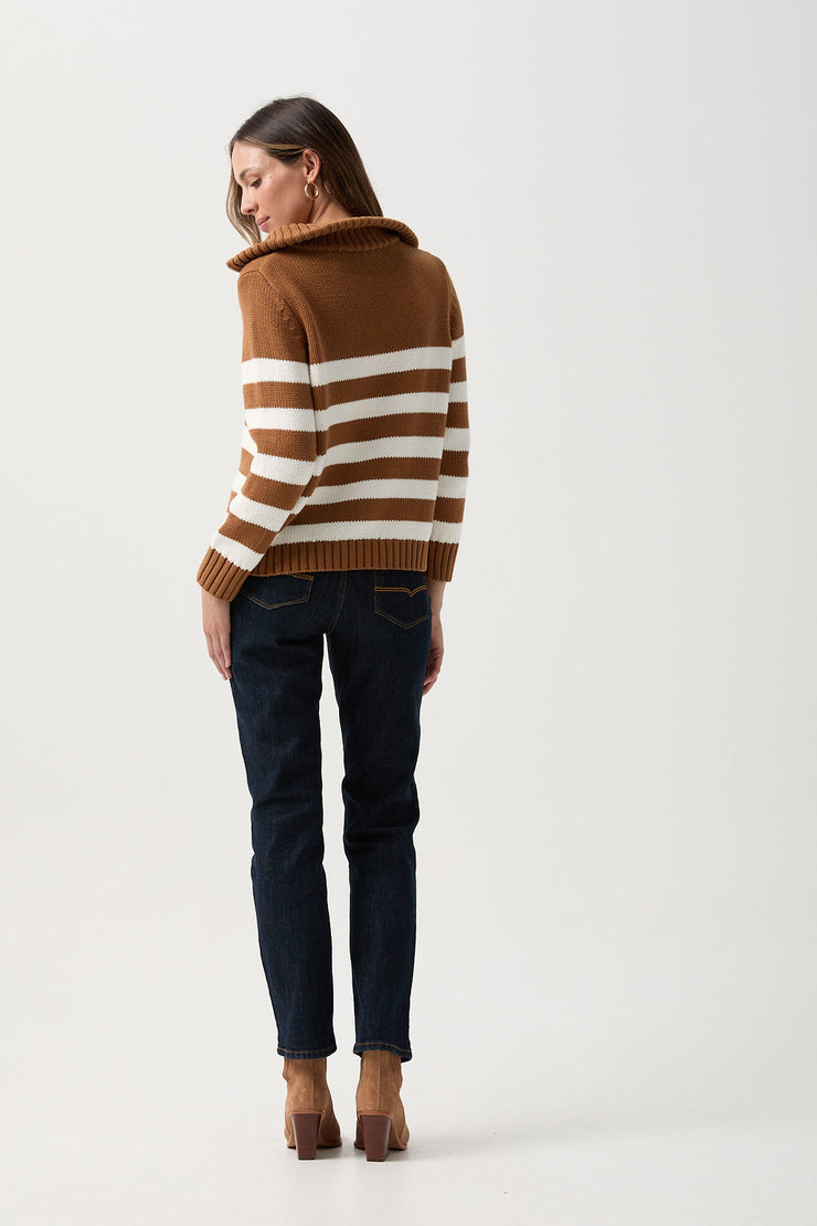 Cotton Stripe 1/2 Zip Jumper Bronze Brown/White