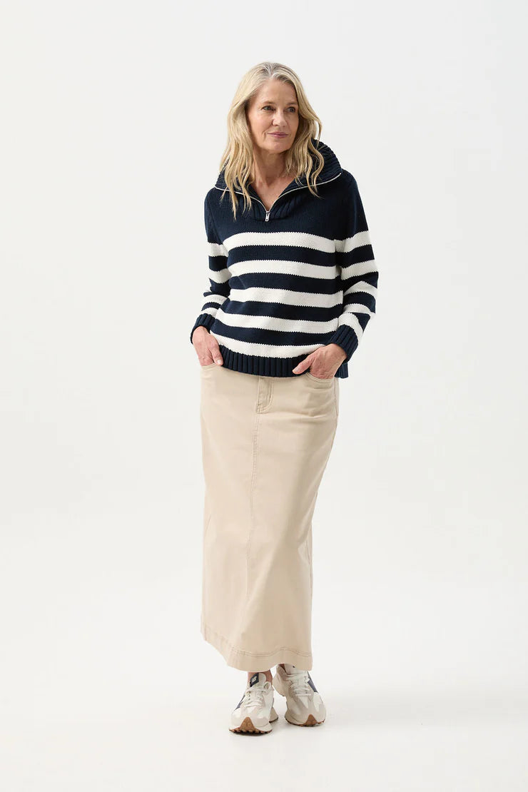 Cotton Stripe 1/2 Zip Jumper Navy/White