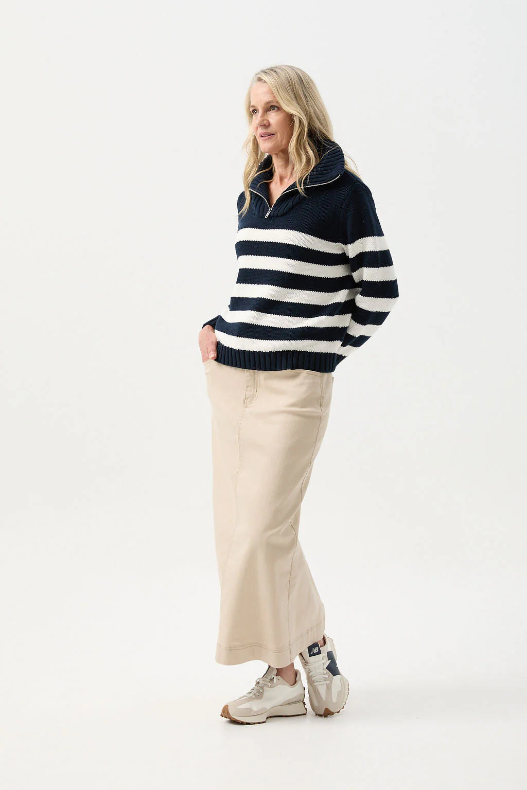 Cotton Stripe 1/2 Zip Jumper Navy/White