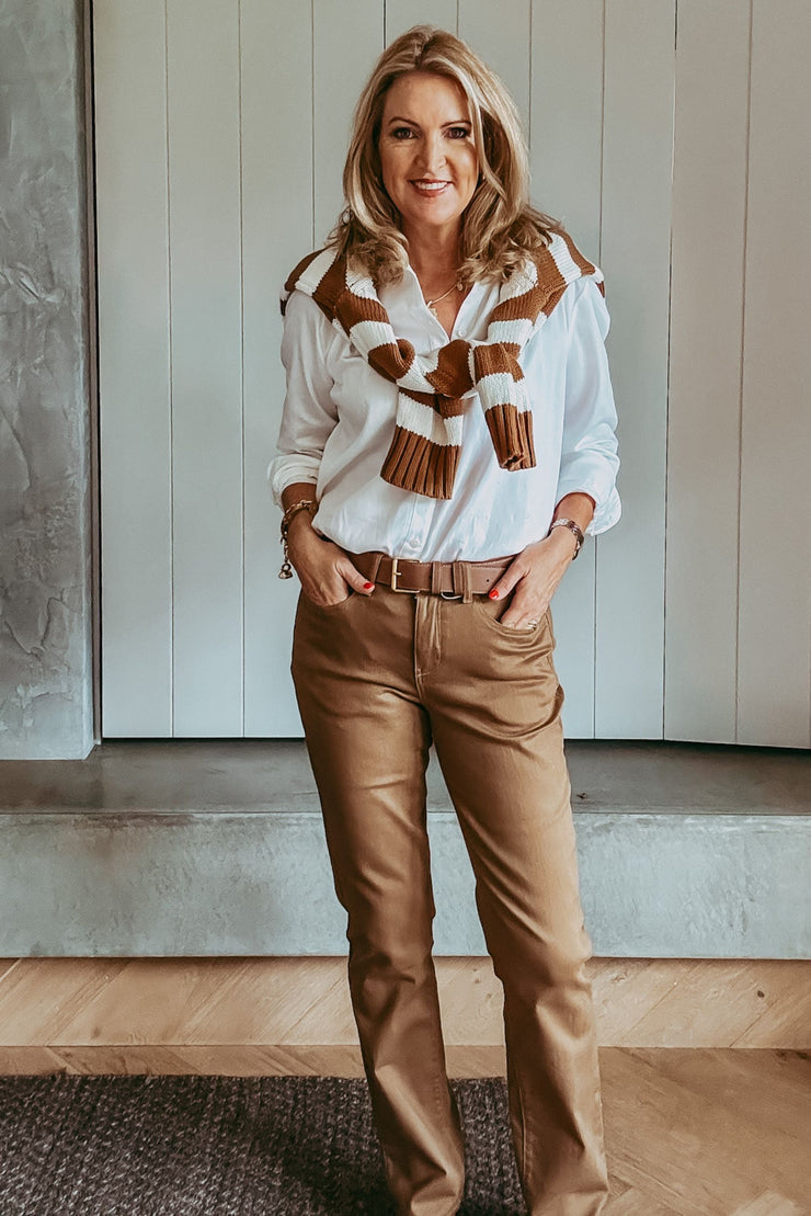 Cotton Stripe 1/2 Zip Jumper Bronze Brown/White