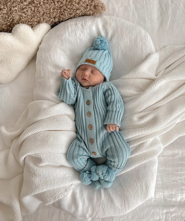 Knitted Cotton Ribbed Romper - Blue