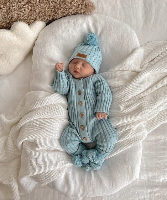 Knitted Cotton Ribbed Romper - Blue