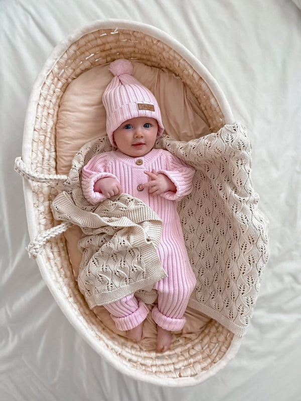 Knitted Cotton Ribbed Romper - Pink