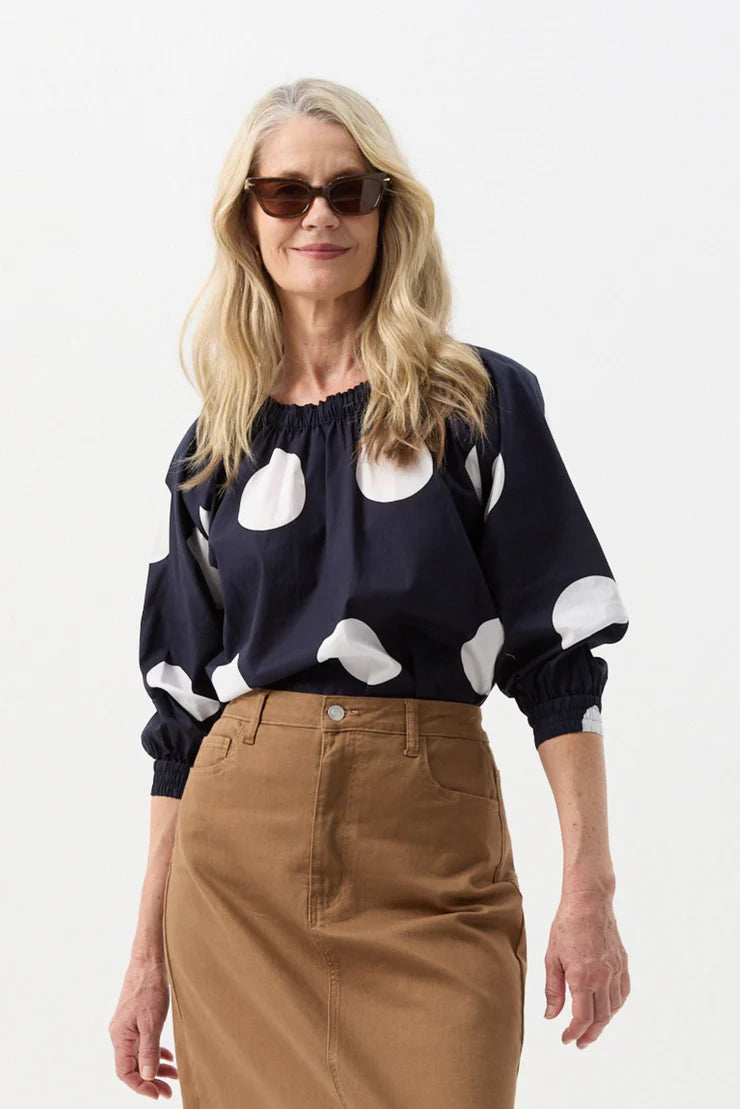 Cotton Elastic Neck Blouse Navy Spot Print