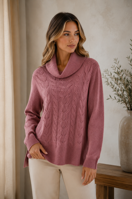 Cable Front Pullover - Petal