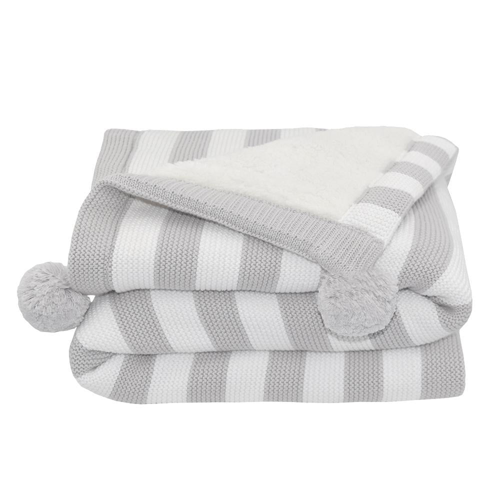 Pom Pom Sherpa Blanket Grey Stripe