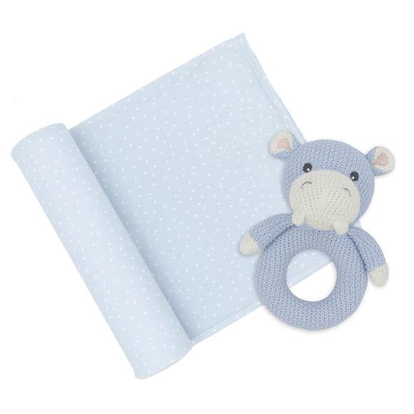 Jersey Swaddle & Rattle Dots/Hippo
