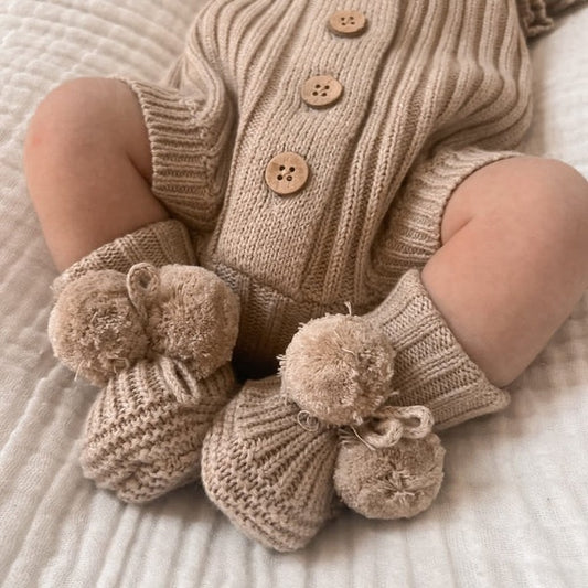 Knitted Pom Pom Booties - Oak