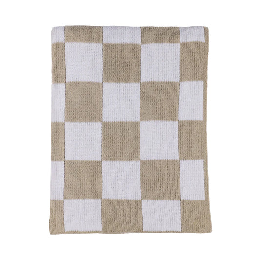 Chenille Knitted Blanket - Checkered Taupe