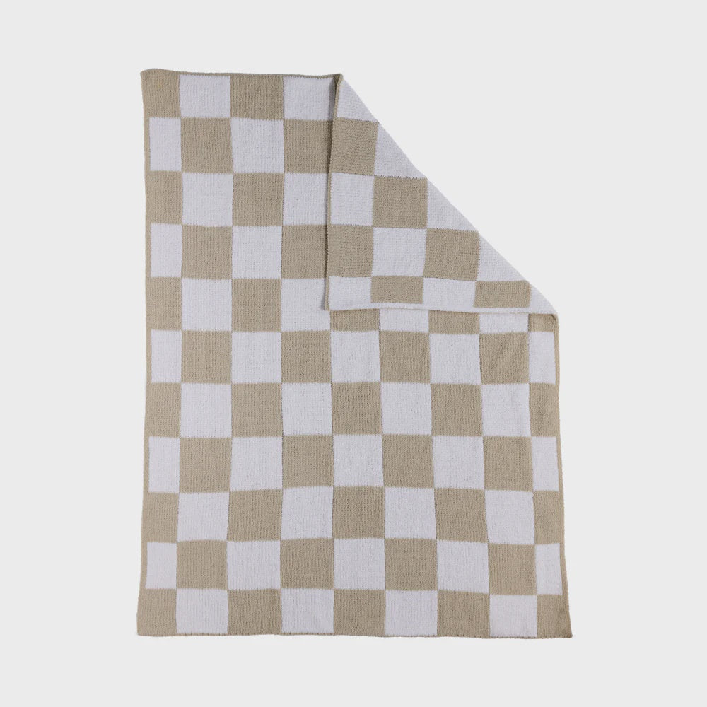 Chenille Knitted Blanket - Checkered Taupe