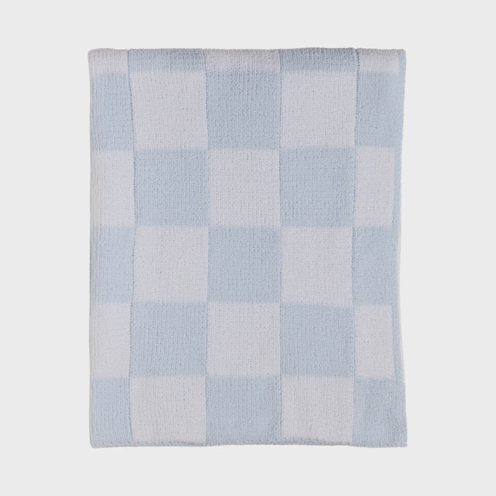 Chenille Knitted Blanket - Checkered Blue