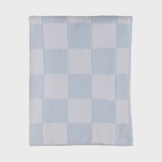 Chenille Knitted Blanket - Checkered Blue