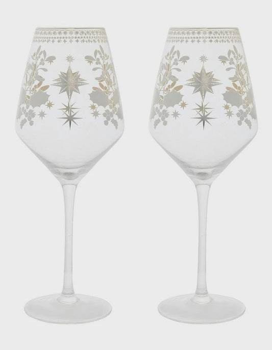 White Christmas Wine Glass 500ML Set of 2 Silver Gift Boxed