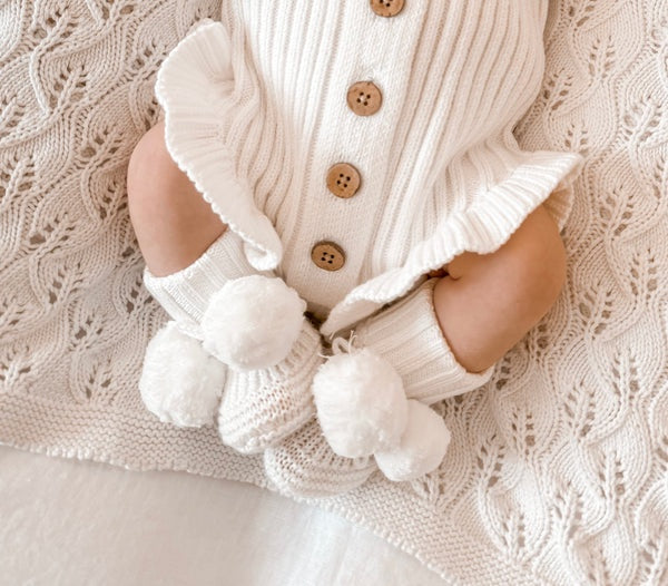 Knitted Pom Pom Booties - Milk