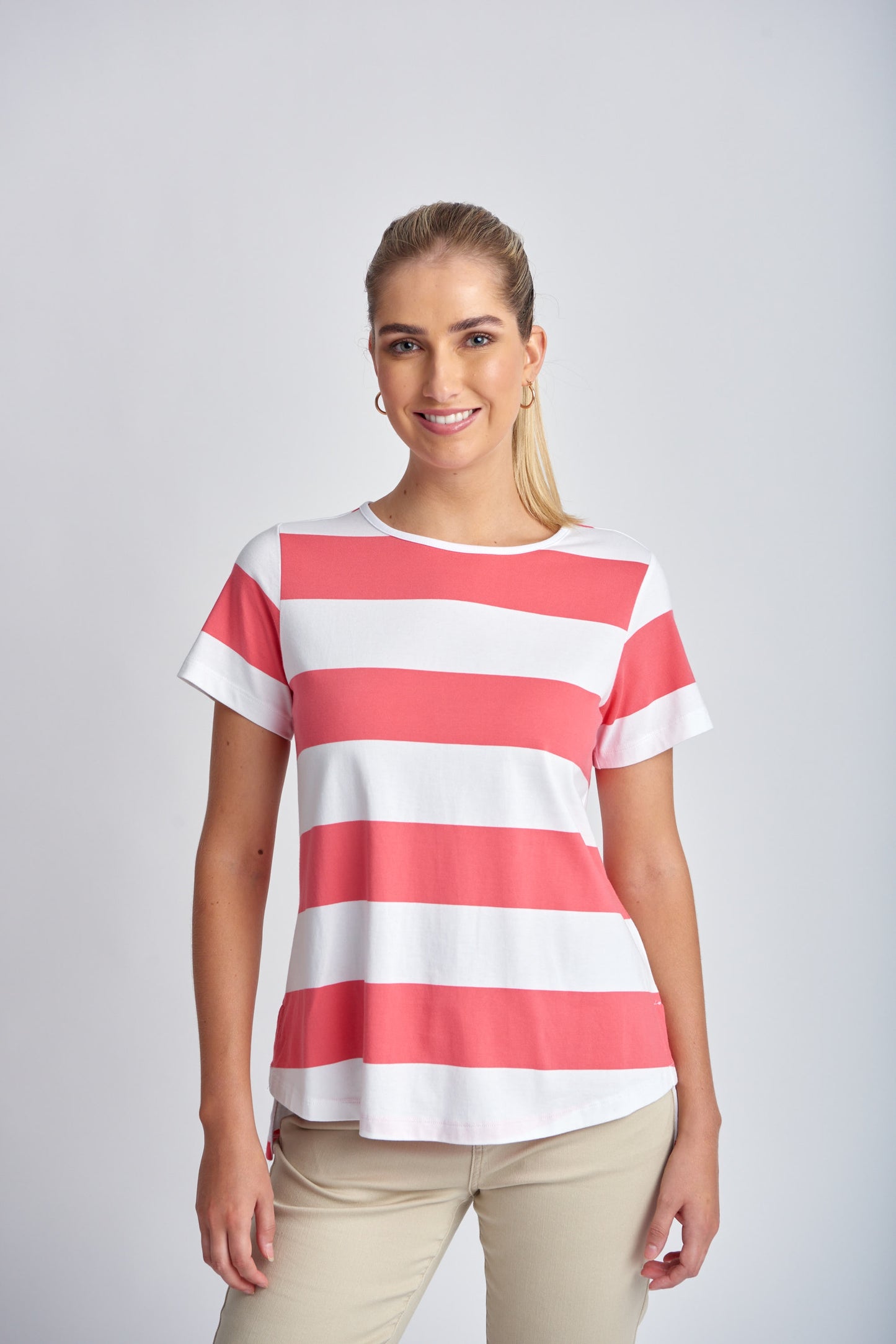 Stripe A-Line Tee Coral/White