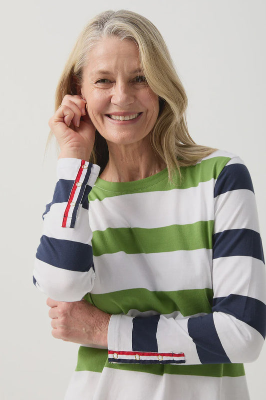 Cotton L/S Tee With Button Sleeve White/Leaf Green