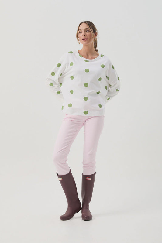 Cotton Boxy Spot Tee White/Leaf Green