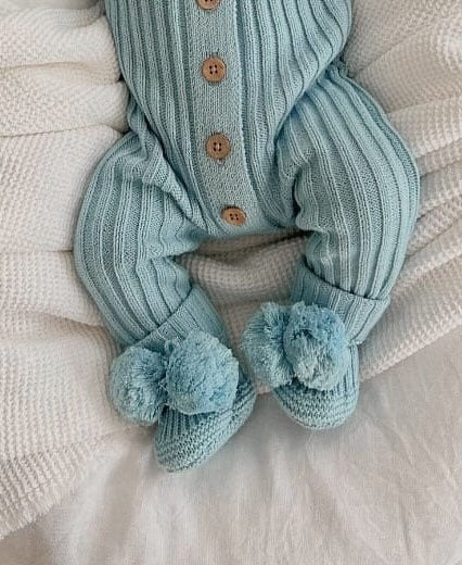 Knitted Pom Pom Booties - Blue