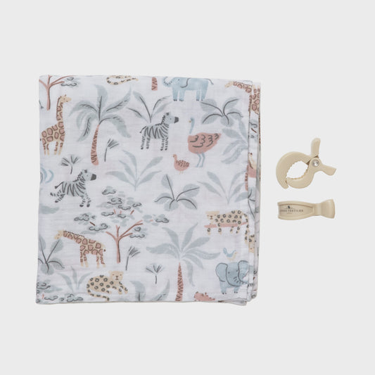 Organic Muslin Swaddle & Pram Peg Set - Wild Safari