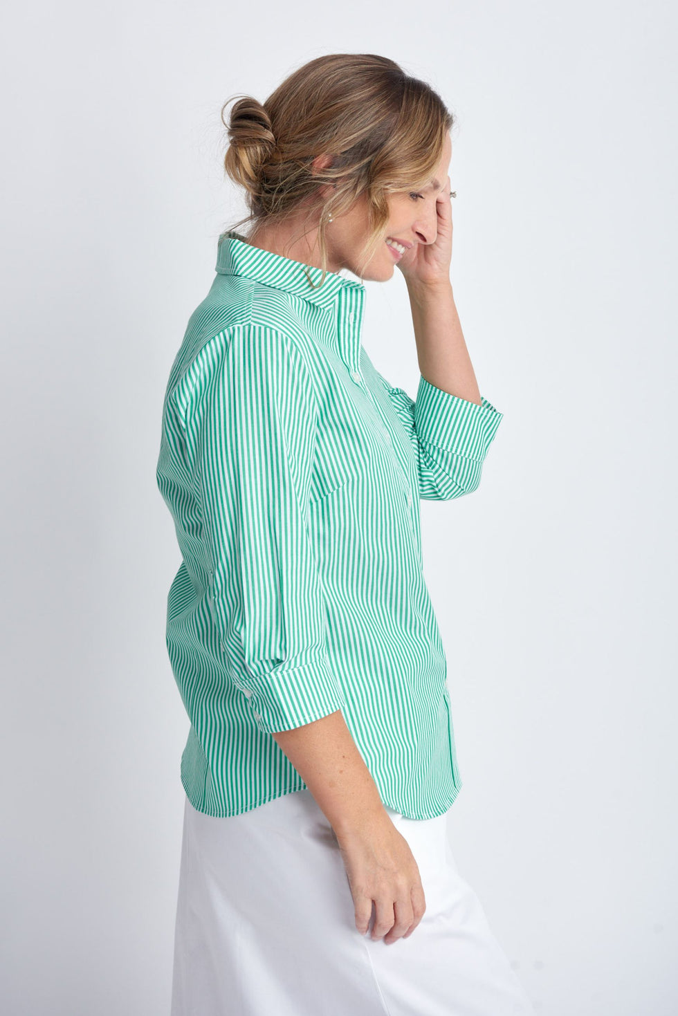 Cotton 3/4 Fine Stripe Shirt - Green/White