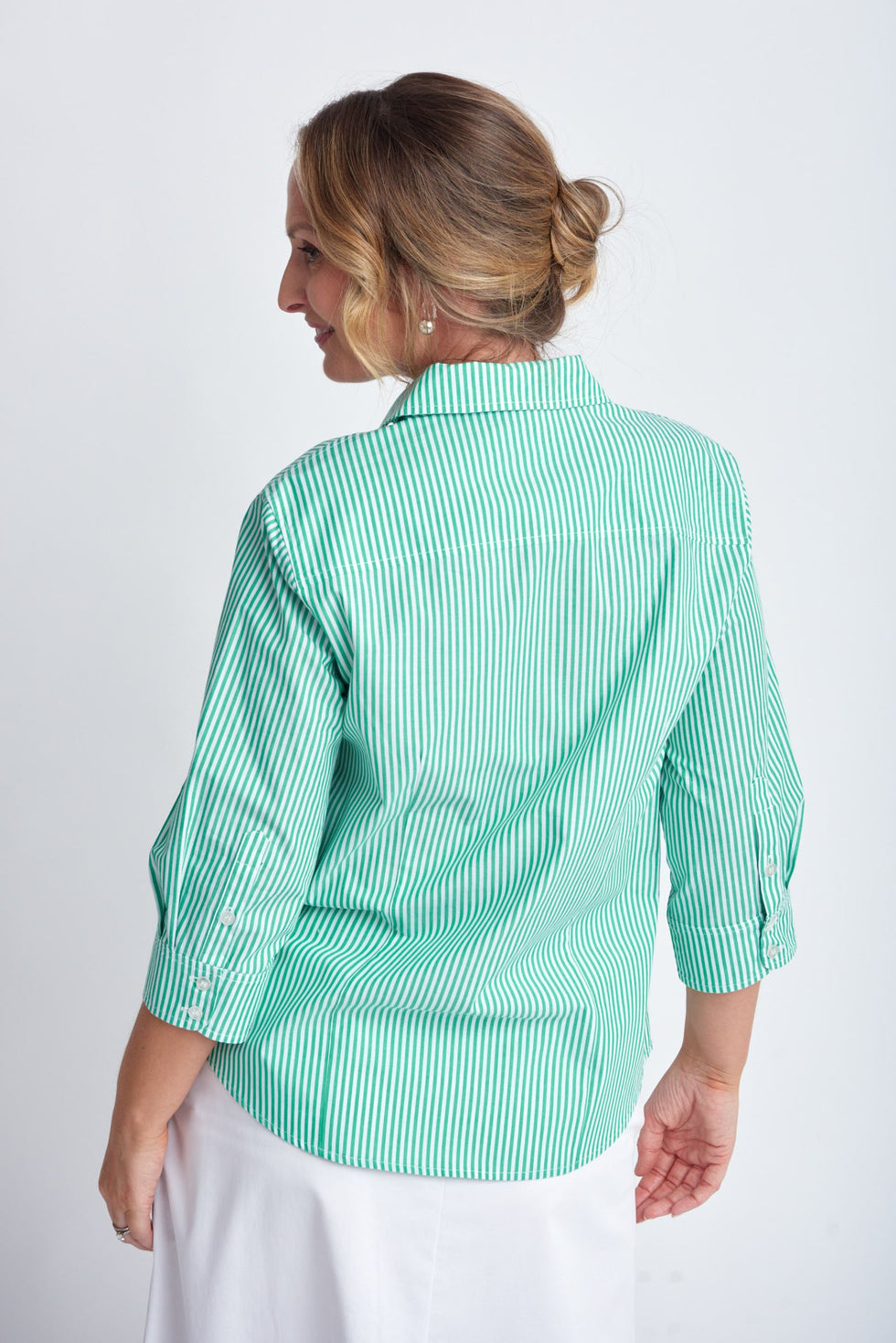 Cotton 3/4 Fine Stripe Shirt - Green/White