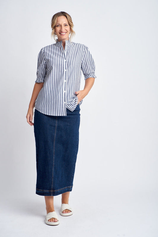 Frilled Cuff Short Sleeve Cotton Shirt - Navy/White