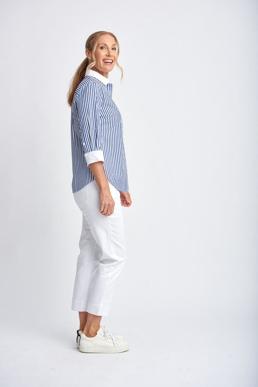 3/4 Sleeve Stripe Cotton Shirt - Navy/White