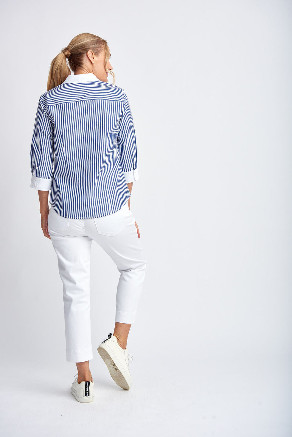 3/4 Sleeve Stripe Cotton Shirt - Navy/White