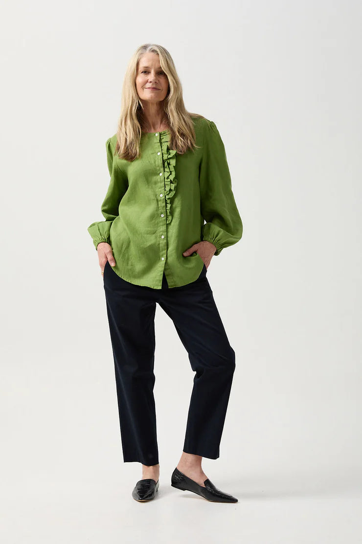 Linen Relaxed Frill Blouse - Leaf Green