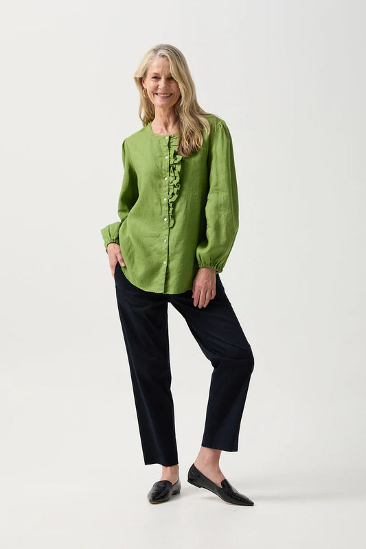Linen Relaxed Frill Blouse - Leaf Green