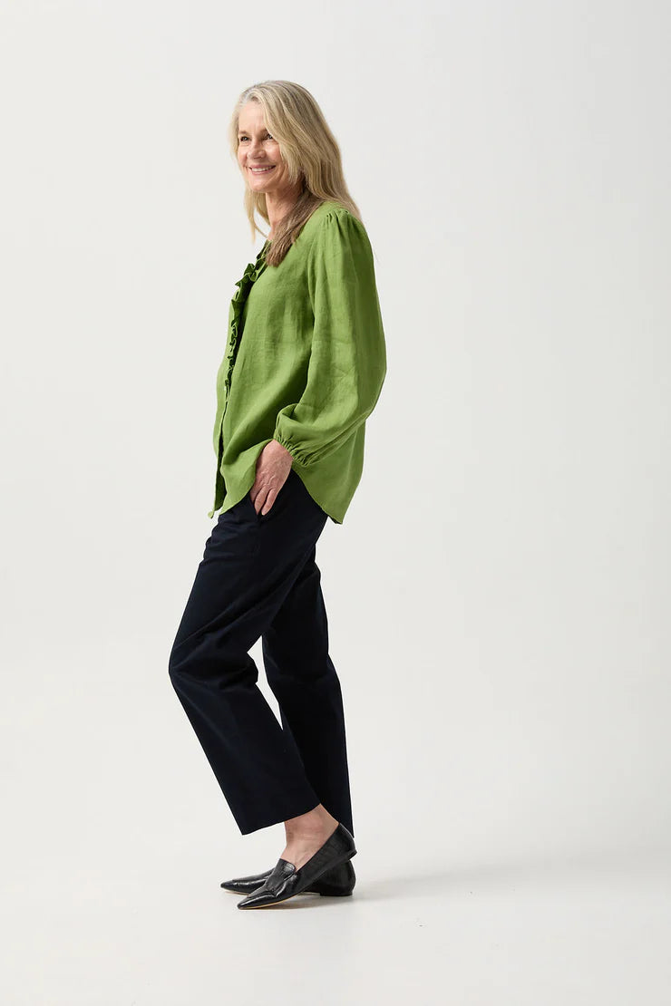 Linen Relaxed Frill Blouse - Leaf Green