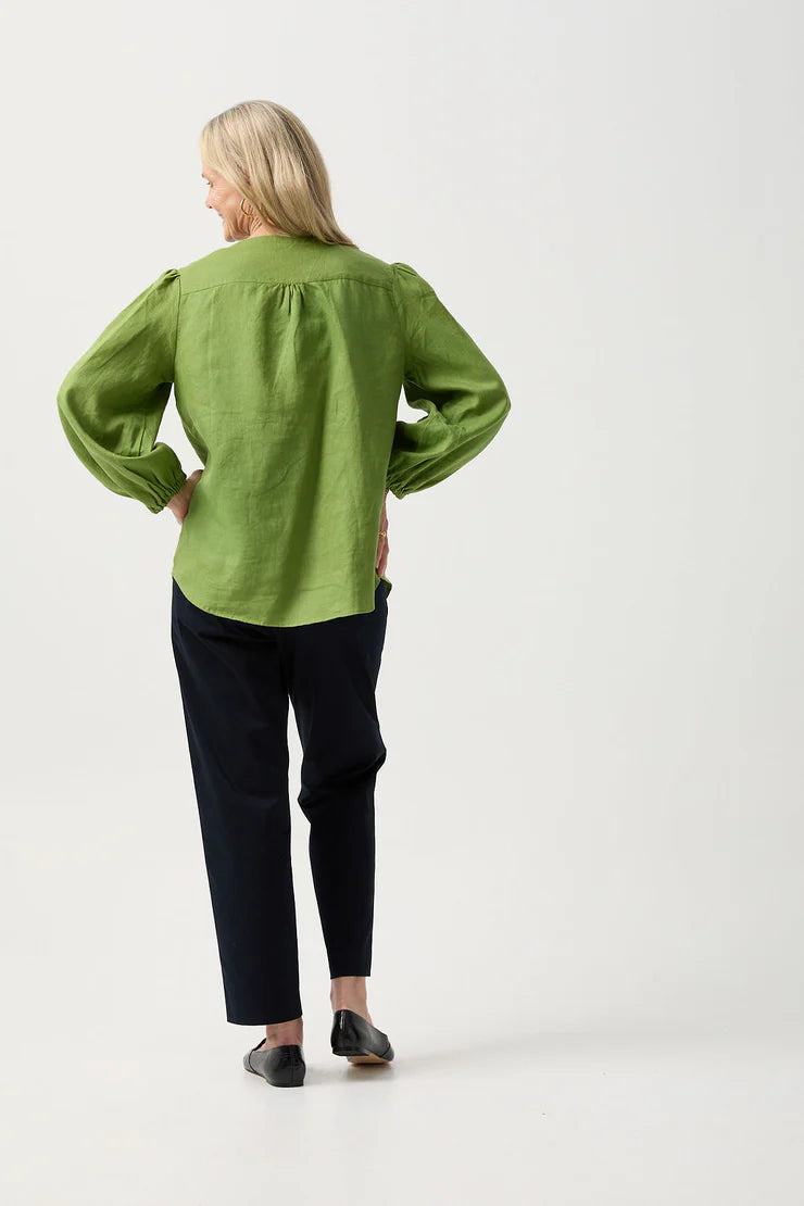 Linen Relaxed Frill Blouse - Leaf Green