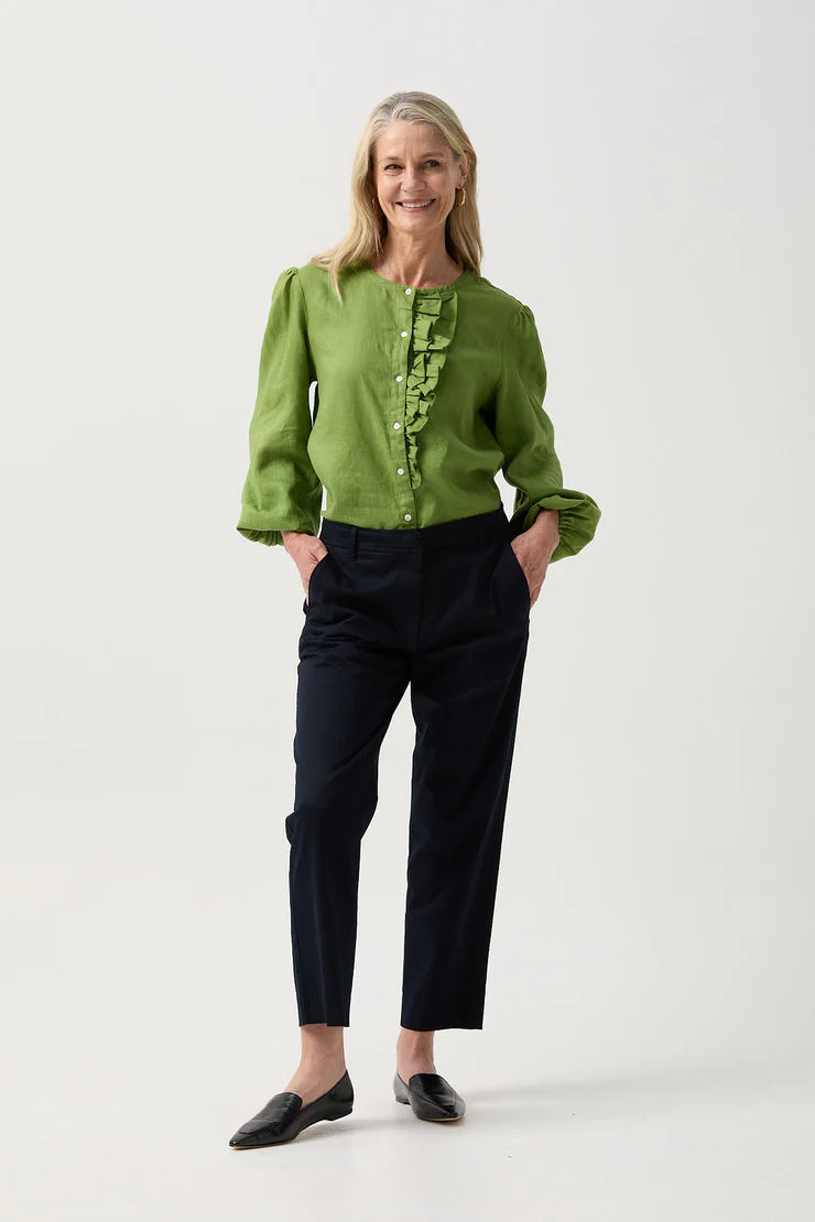 Linen Relaxed Frill Blouse - Leaf Green