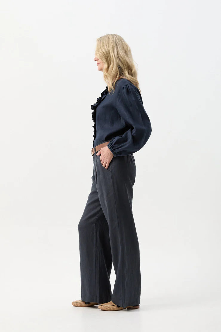 Linen Relaxed Frill Blouse - Parisian Night