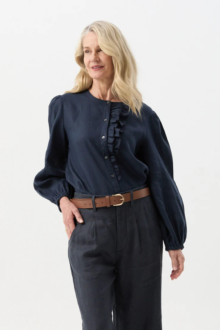 Linen Relaxed Frill Blouse - Parisian Night