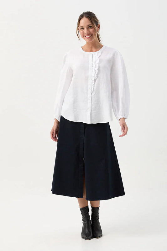 Linen Relaxed Frill Blouse - White