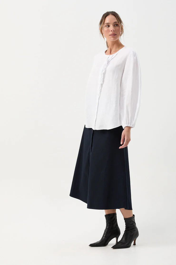 Linen Relaxed Frill Blouse - White