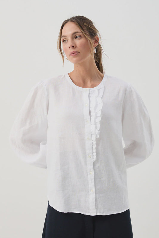 Linen Relaxed Frill Blouse - White