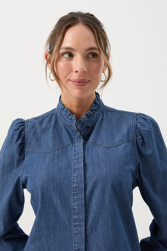 Cotton Chambray Frill Detail Shirt Denim Blue