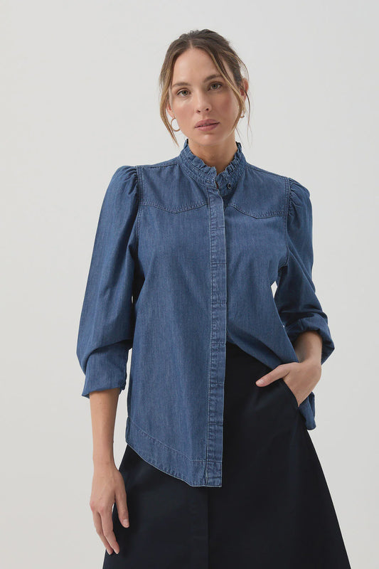 Cotton Chambray Frill Detail Shirt Denim Blue