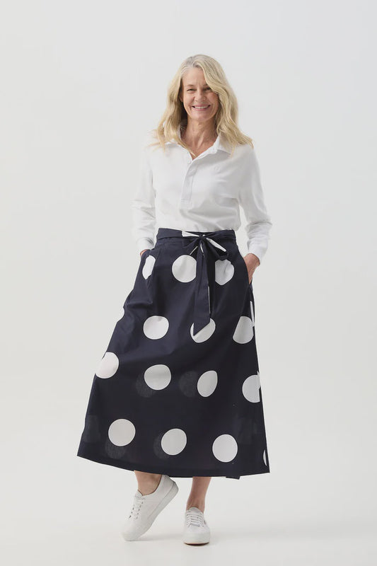 Cotton A-Line Skirt with Belt Navy Spot Print